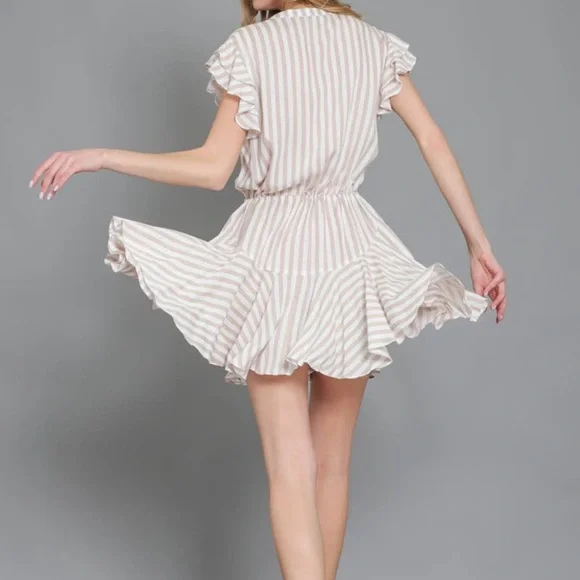 NWOT Tan & White Striped Ruffle Sleeve Shirt Dress - Picture 10 of 10